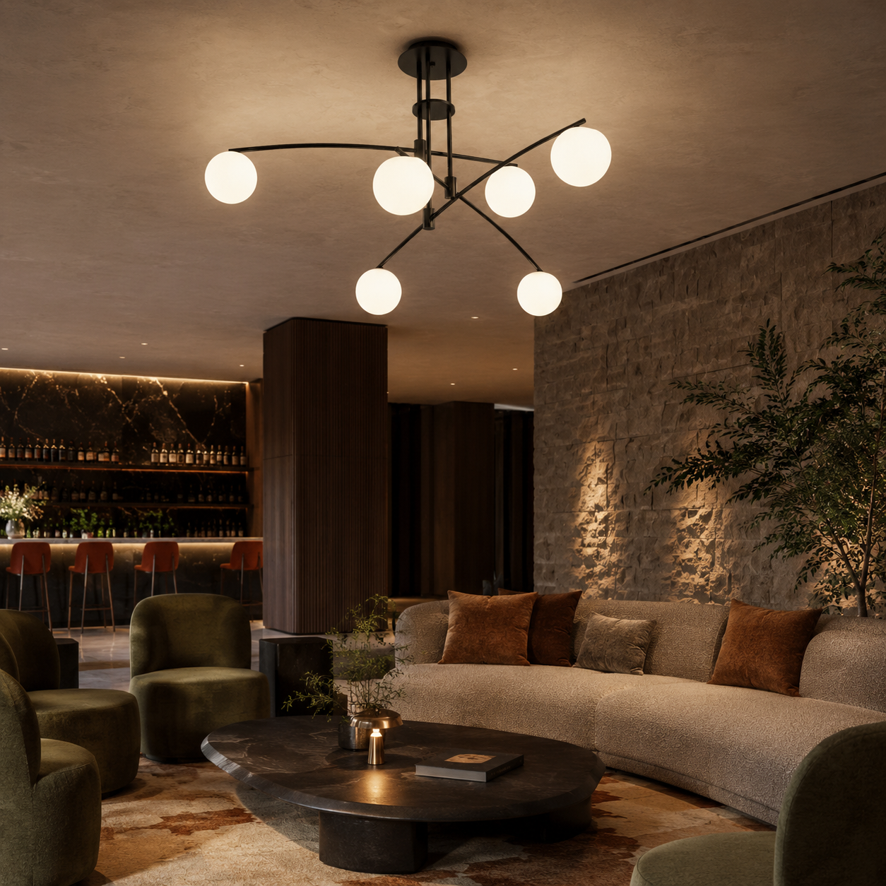 Asymmetrical Iron Halo Ceiling Lamp With Frosted Glass Orbs