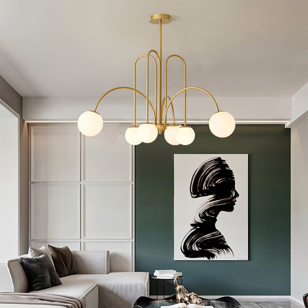 Aurora Arc Opal Glass Chandelier In Iron Frame Art Deco Glow