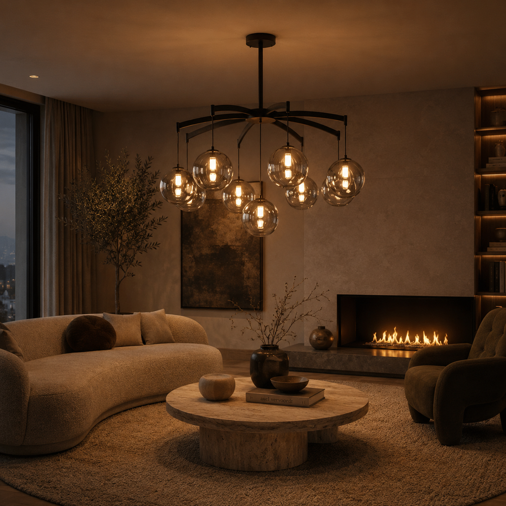Aurum kobberglass lysekrone med gulltonet ramme og glasskjermer