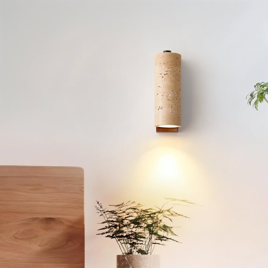 TerraLume Travertine Wood Wall Lamp With Cylindrical Shade For Warm Glow