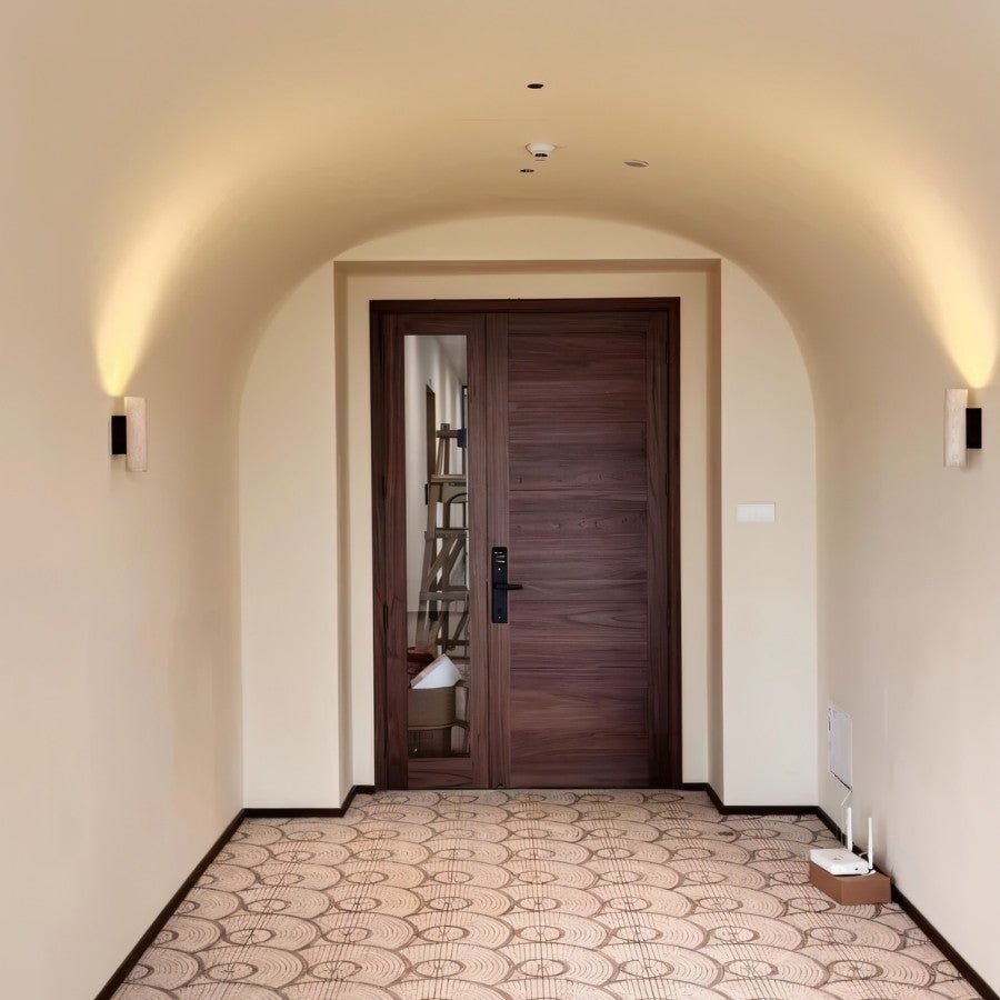 TerraLume Travertine Wood Wall Lamp With Cylindrical Shade For Warm Glow