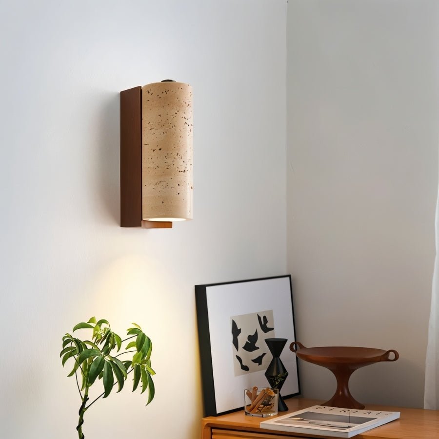 TerraLume Travertine Wood Wall Lamp With Cylindrical Shade For Warm Glow