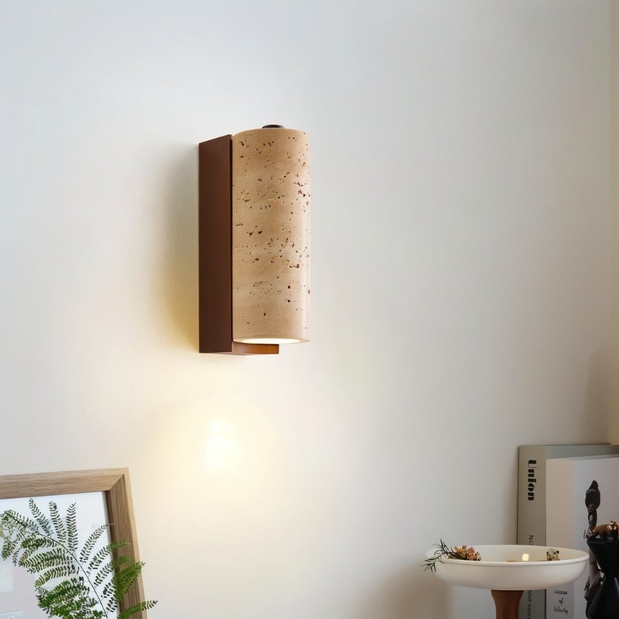TerraLume Travertine Wood Wall Lamp With Cylindrical Shade For Warm Glow