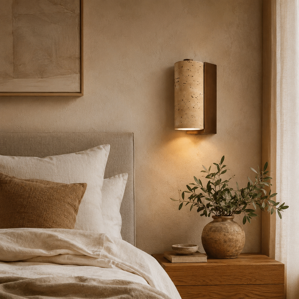 TerraLume Travertine Wood Wall Lamp With Cylindrical Shade For Warm Glow