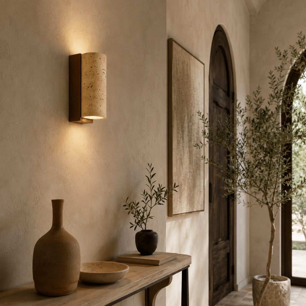 TerraLume Travertine Wood Wall Lamp With Cylindrical Shade For Warm Glow
