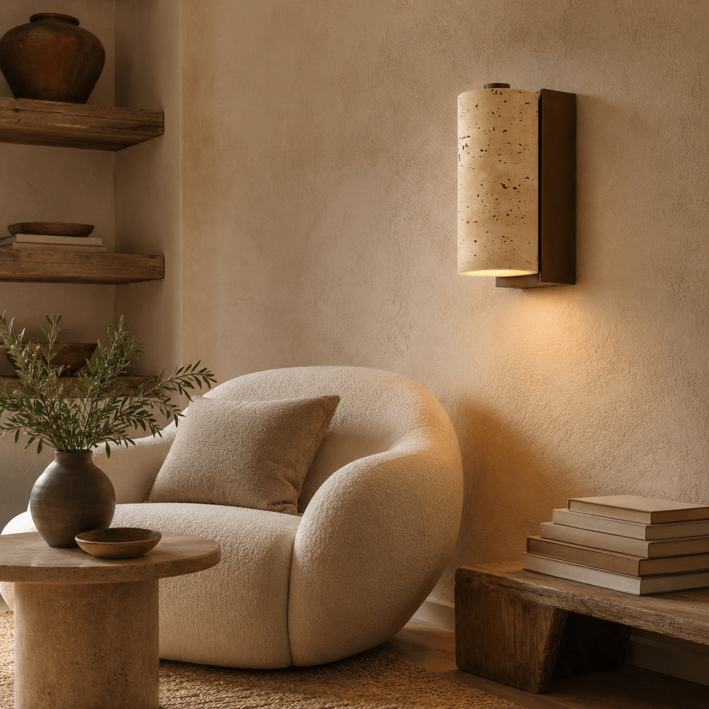 TerraLume Travertine Wood Wall Lamp With Cylindrical Shade For Warm Glow