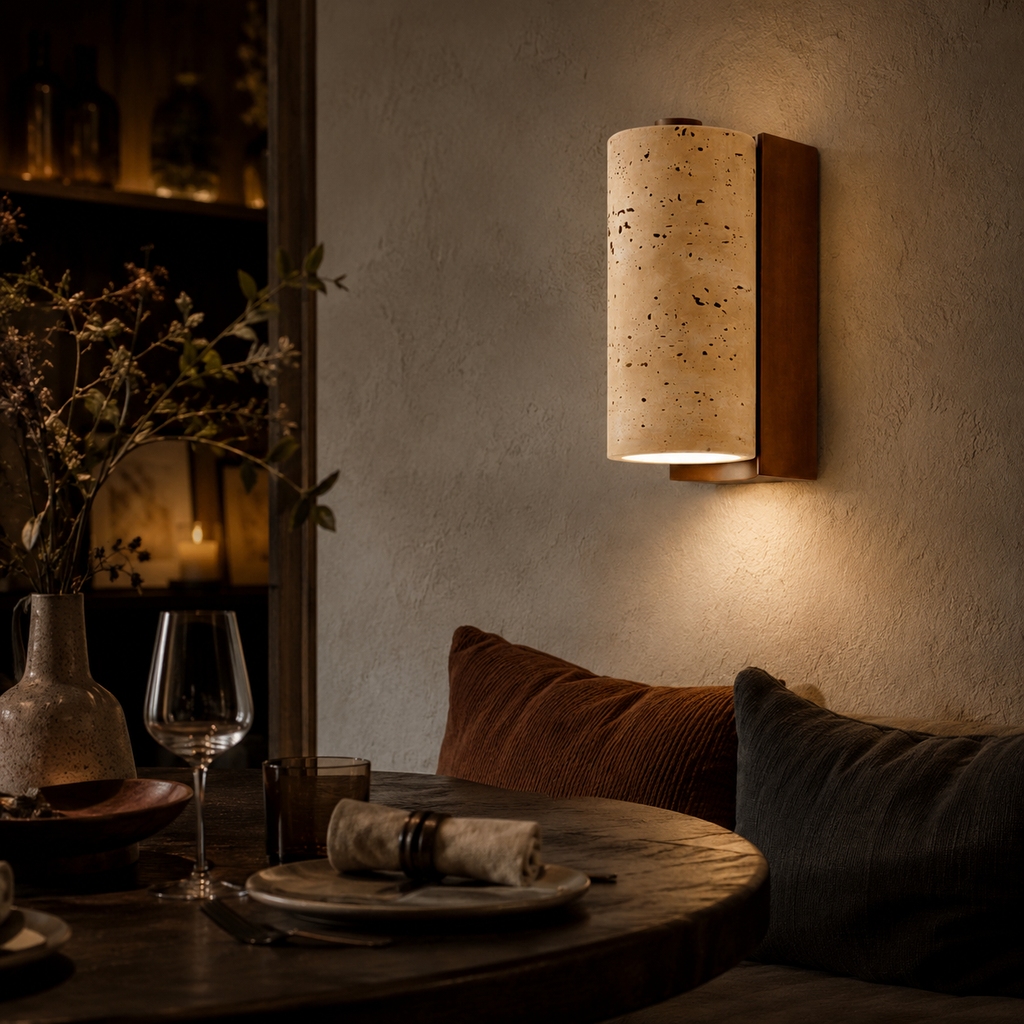 TerraLume Travertine Wood Wall Lamp With Cylindrical Shade For Warm Glow