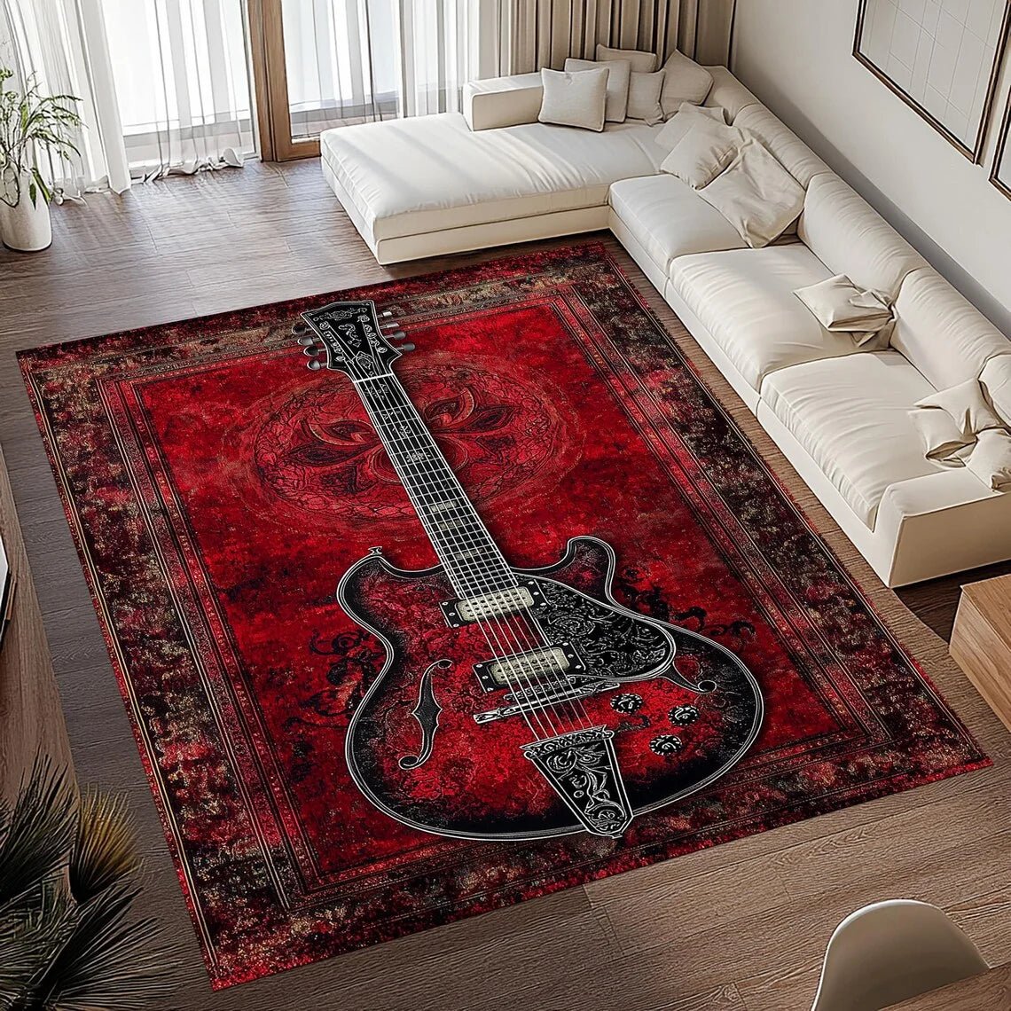 Vintage-Gitarrenmotiv Teppich aus weichem Flanell, rutschfest für Wohnkultur - Fioriscas