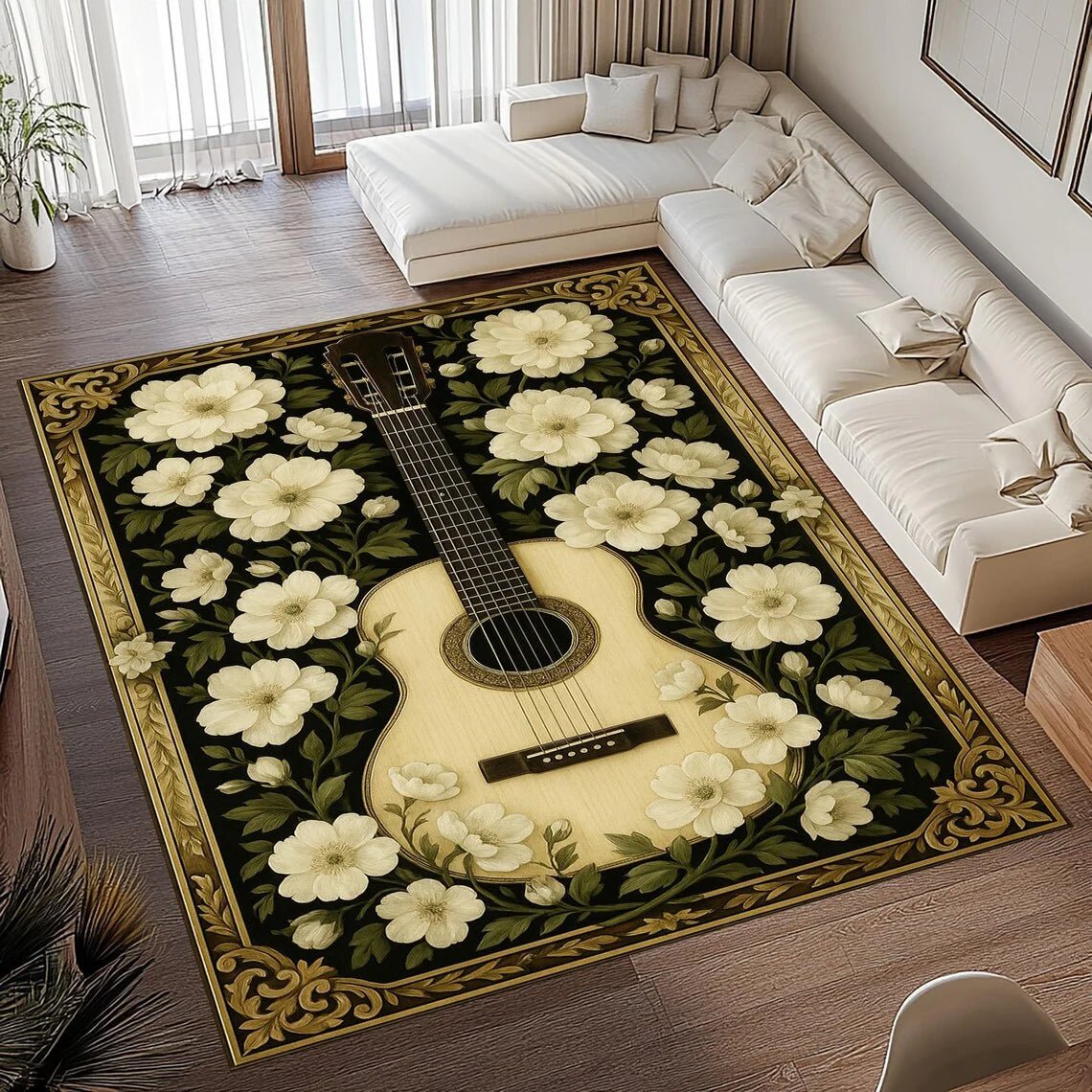Vintage-Gitarrenmotiv Teppich aus weichem Flanell, rutschfest für Wohnkultur - Fioriscas