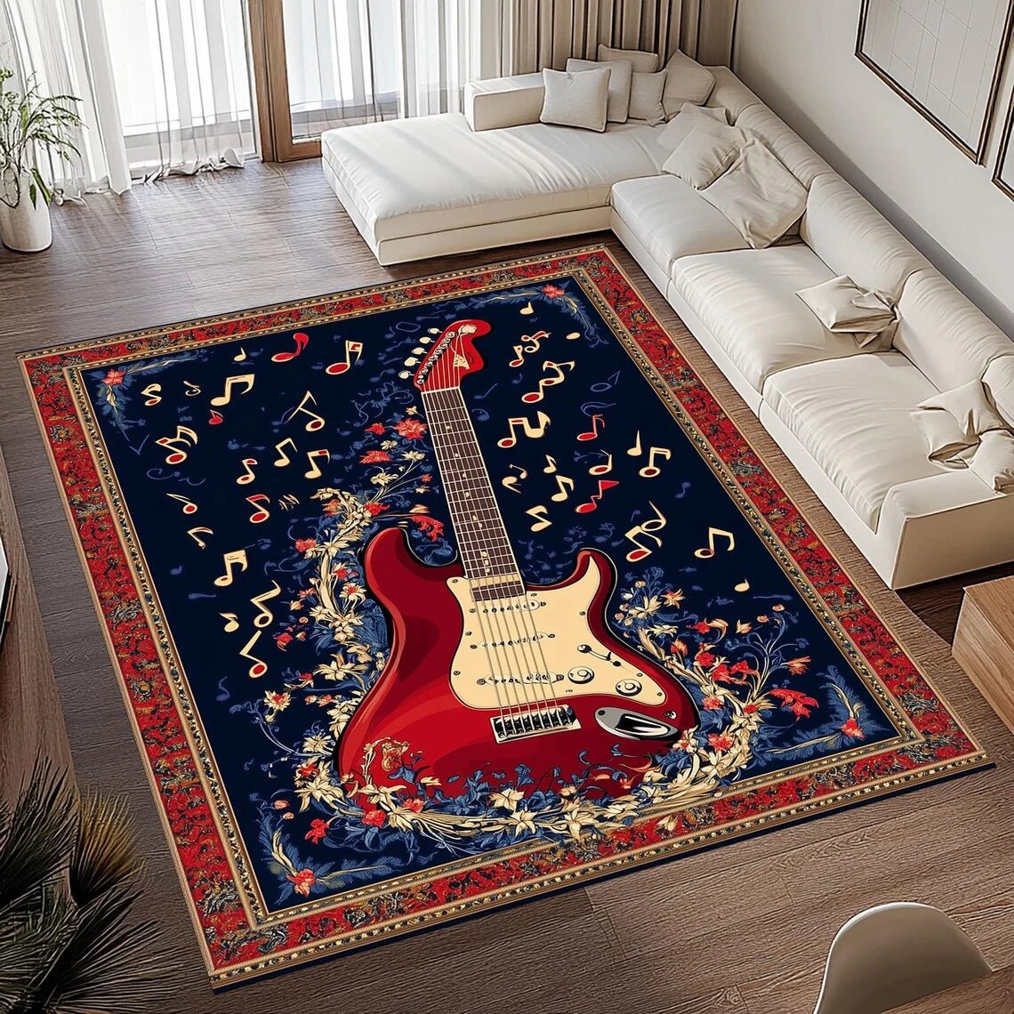 Vintage-Gitarrenmotiv Teppich aus weichem Flanell, rutschfest für Wohnkultur - Fioriscas