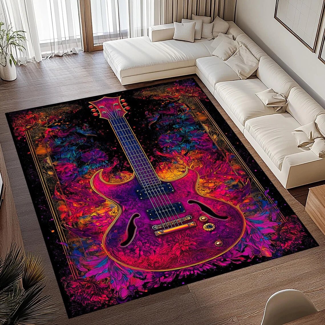 Vintage-Gitarrenmotiv Teppich aus weichem Flanell, rutschfest für Wohnkultur - Fioriscas