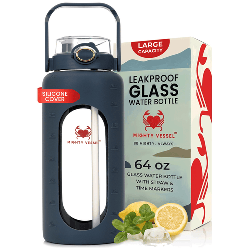 Bottiglia d'acqua in vetro da 64 oz con custodia in silicone e coperchio con cannuccia