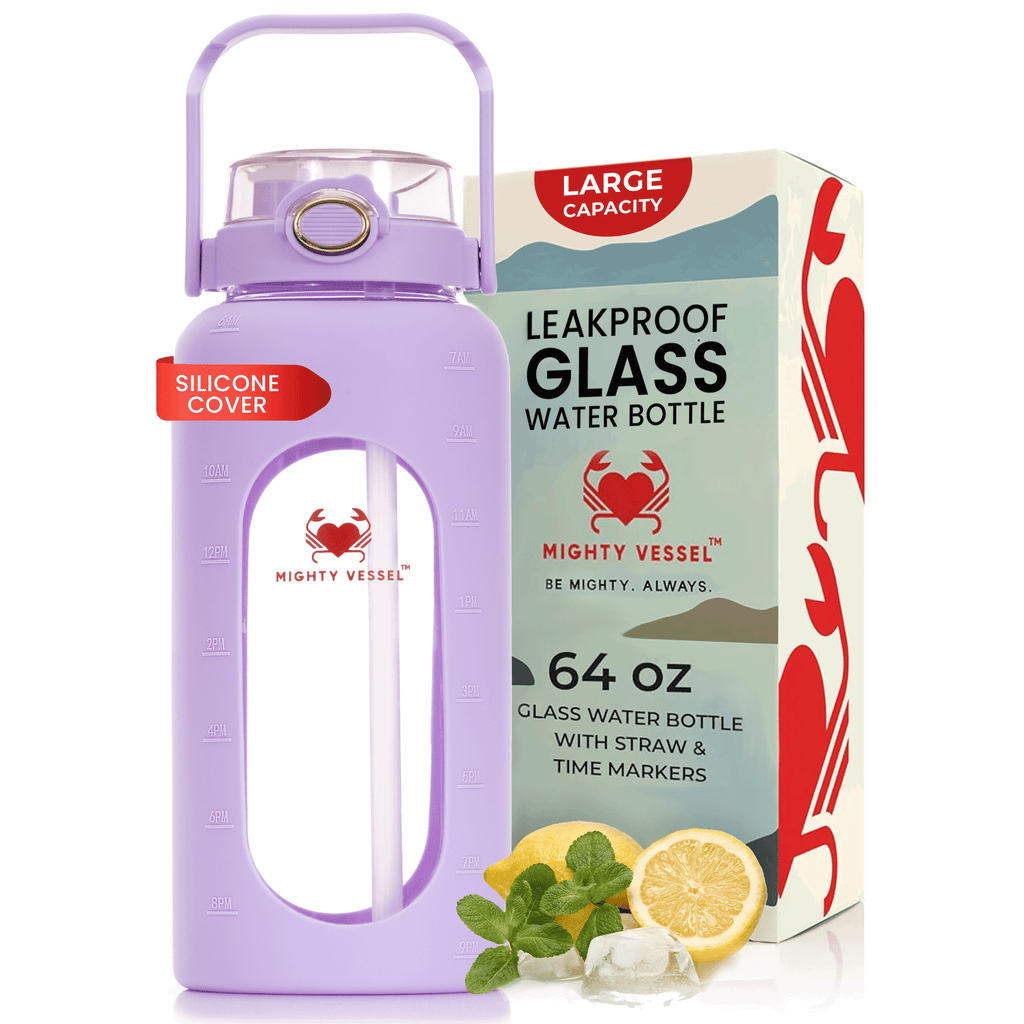 64 oz glasvattenflaska med silikonhölje och sugrörslock