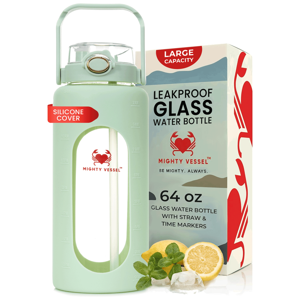64 oz glasvattenflaska med silikonhölje och sugrörslock