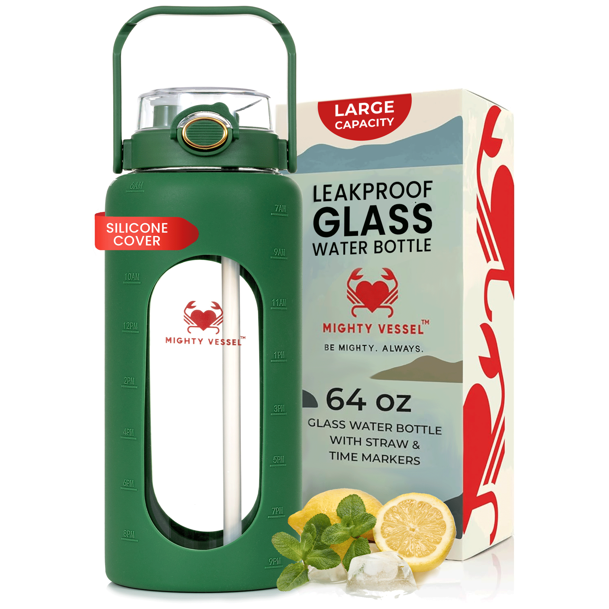 64 oz glasvattenflaska med silikonhölje och sugrörslock