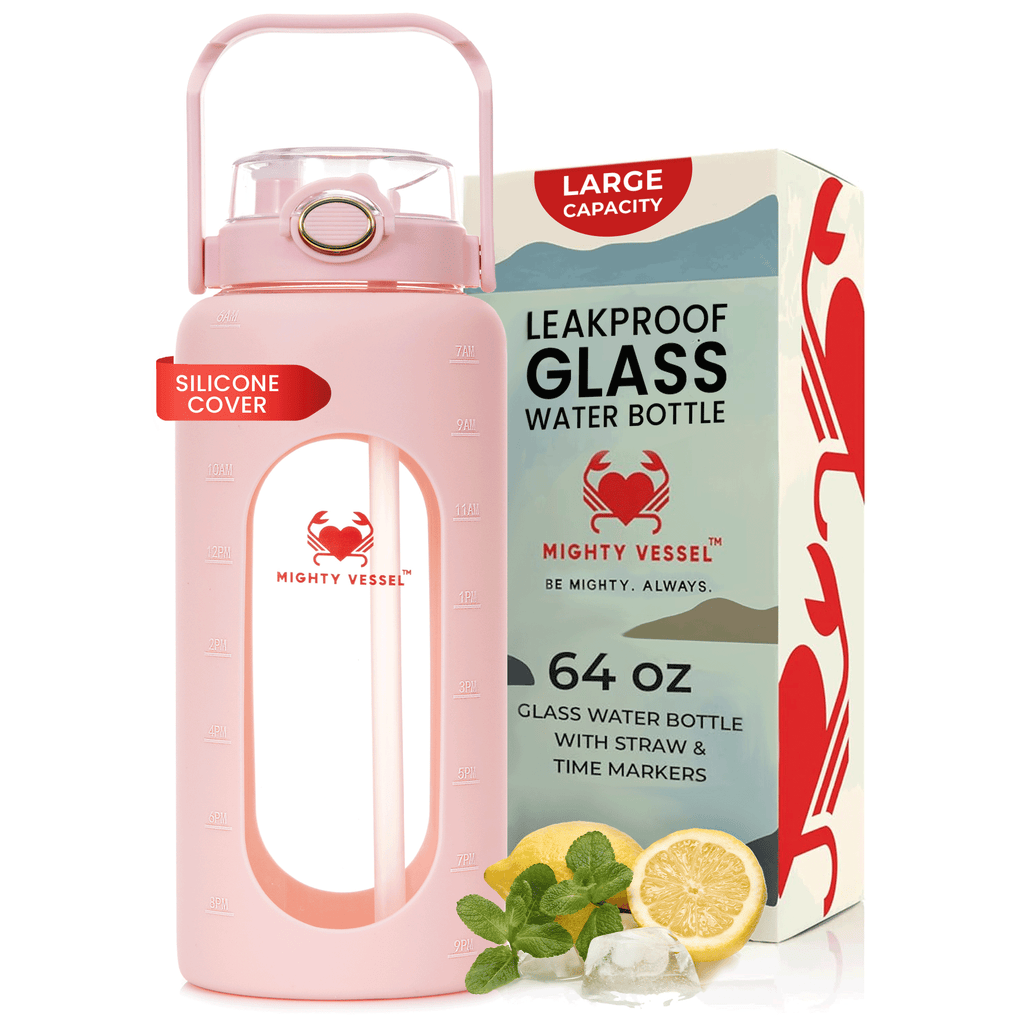 64 oz glasvattenflaska med silikonhölje och sugrörslock