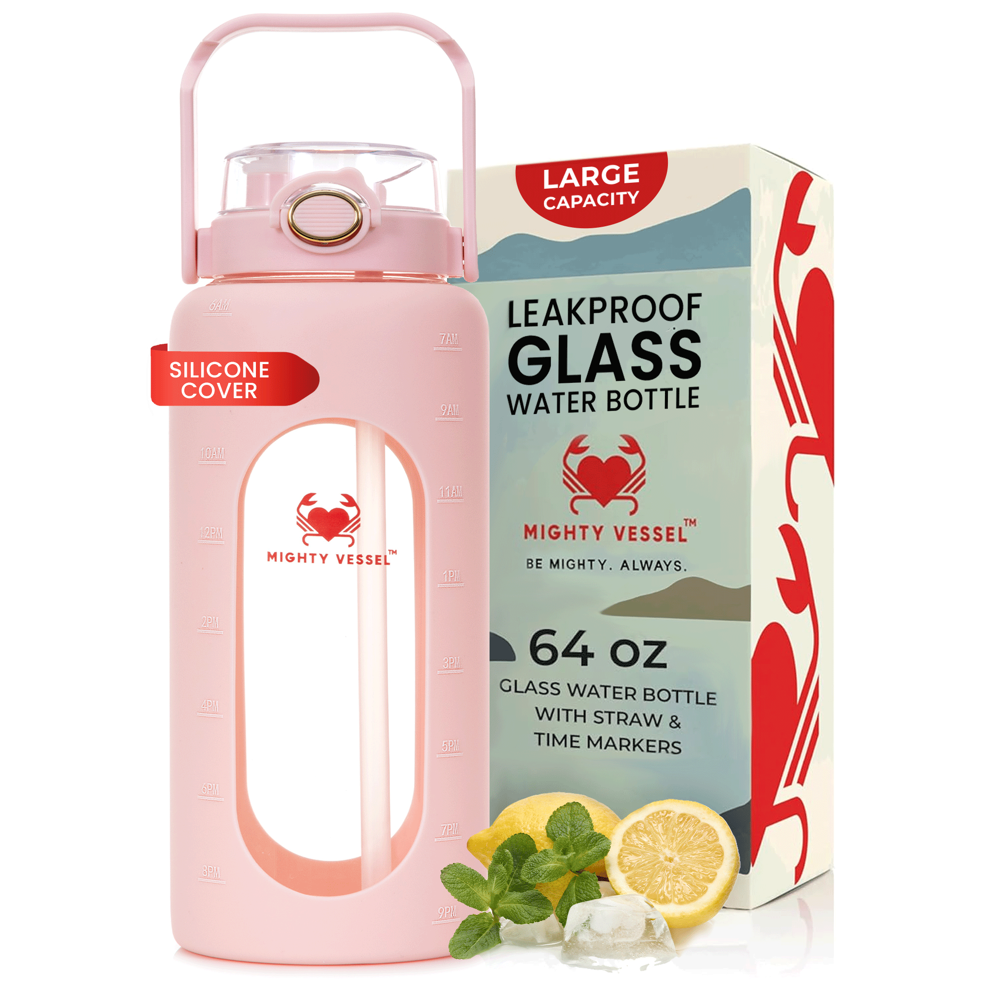 64 oz glasvattenflaska med silikonhölje och sugrörslock