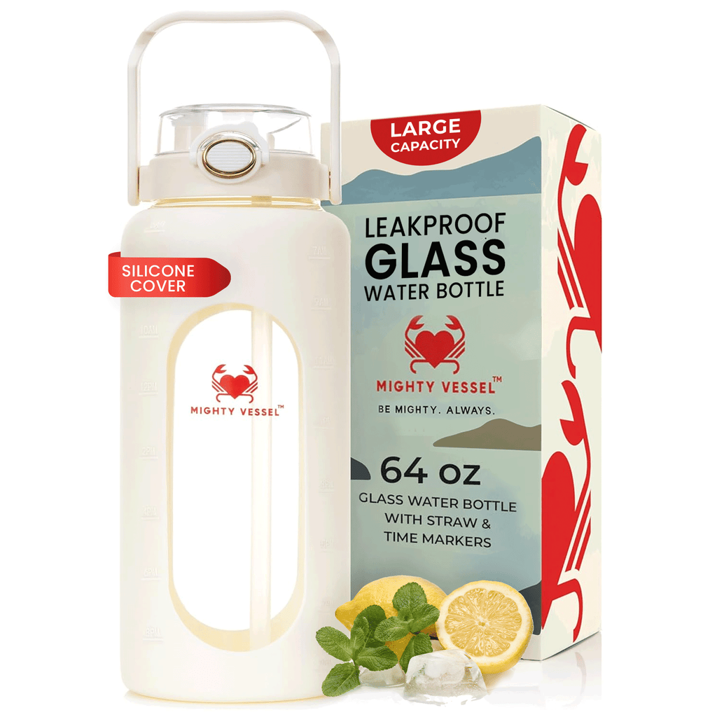 64 oz glasvattenflaska med silikonhölje och sugrörslock