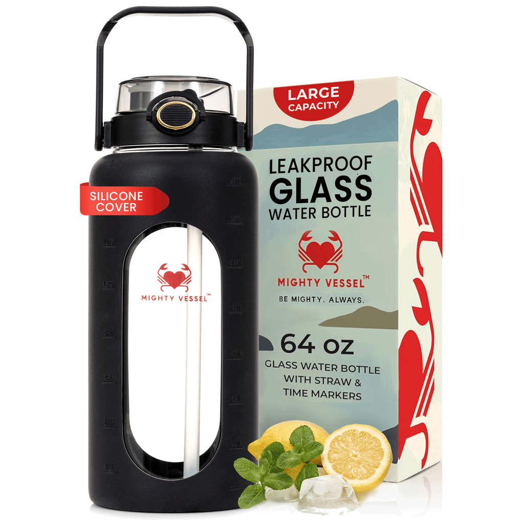 64 oz glasvattenflaska med silikonhölje och sugrörslock