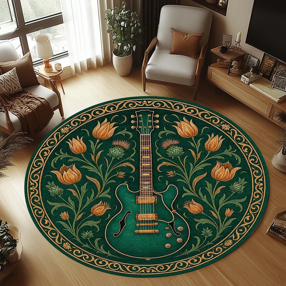 Tapete redondo de flanela para guitarra, antiderrapante e lavável à máquina para quarto infantil - Fioriscas
