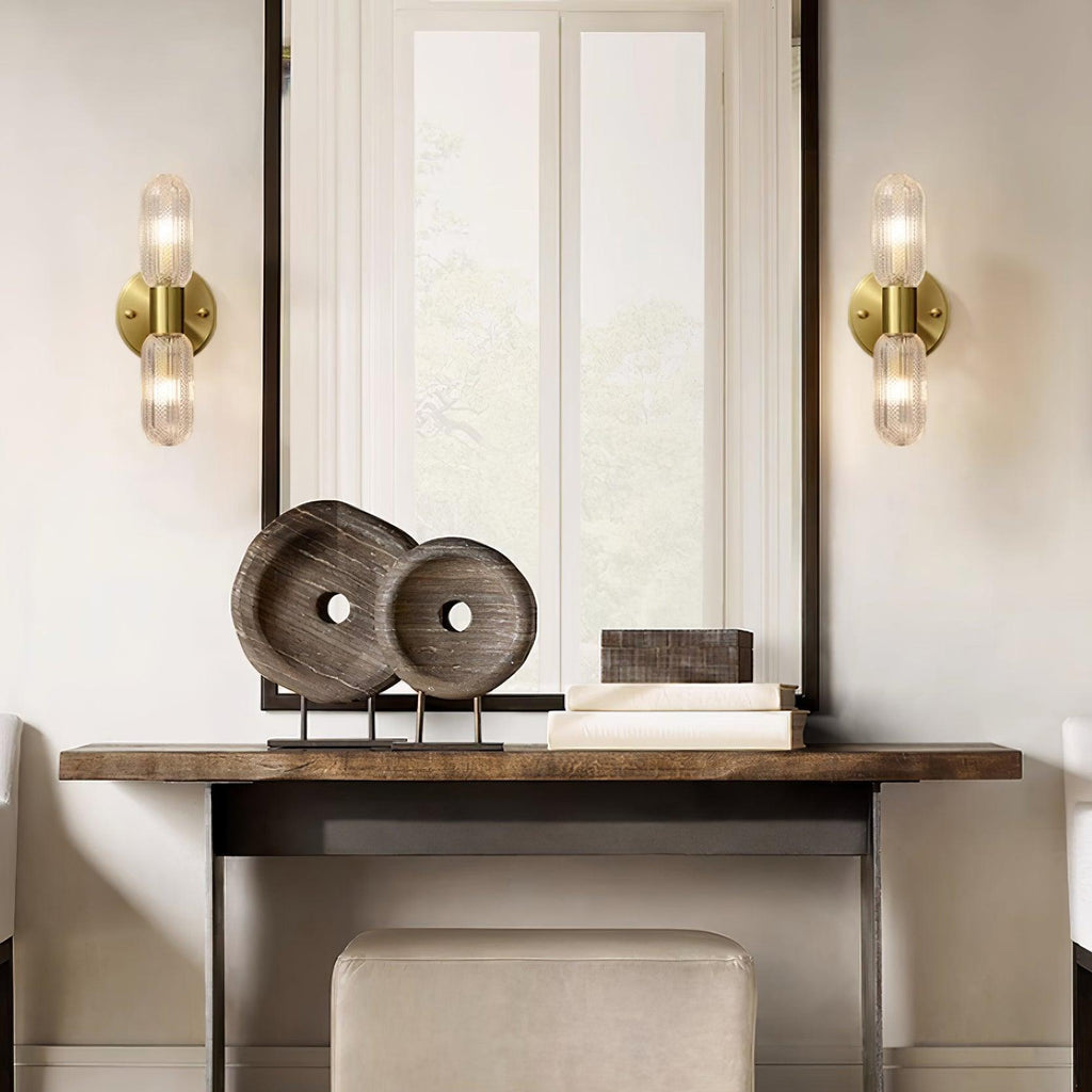 Evania Brass and Textured Glass Double Light Wall Sconce | Fioriscas