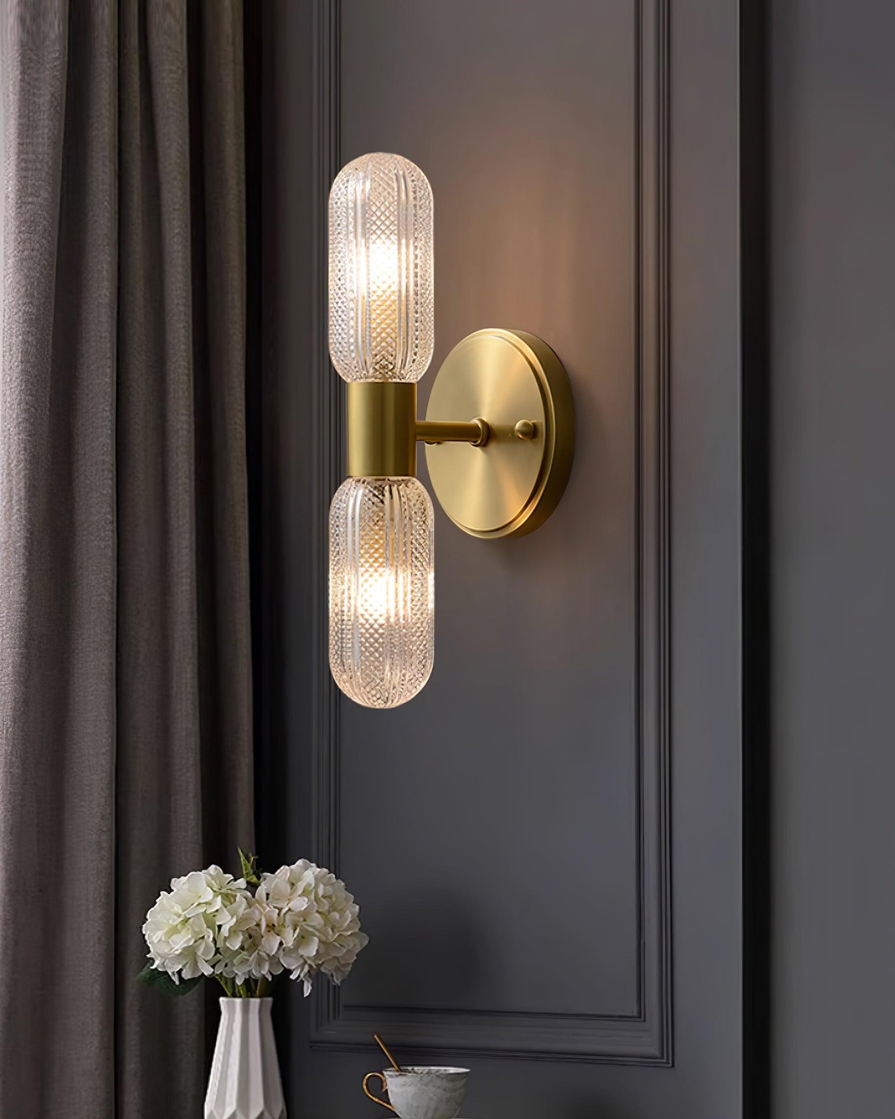 Evania Brass and Textured Glass Double Light Wall Sconce | Fioriscas
