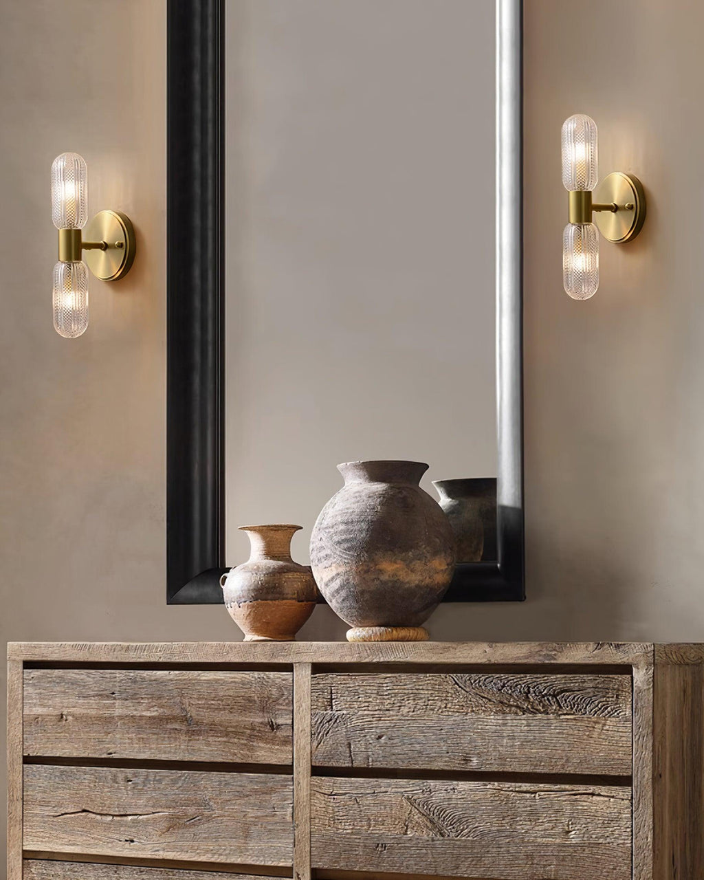 Evania Brass and Textured Glass Double Light Wall Sconce | Fioriscas