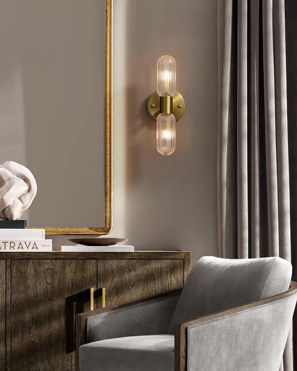 Evania Brass and Textured Glass Double Light Wall Sconce | Fioriscas