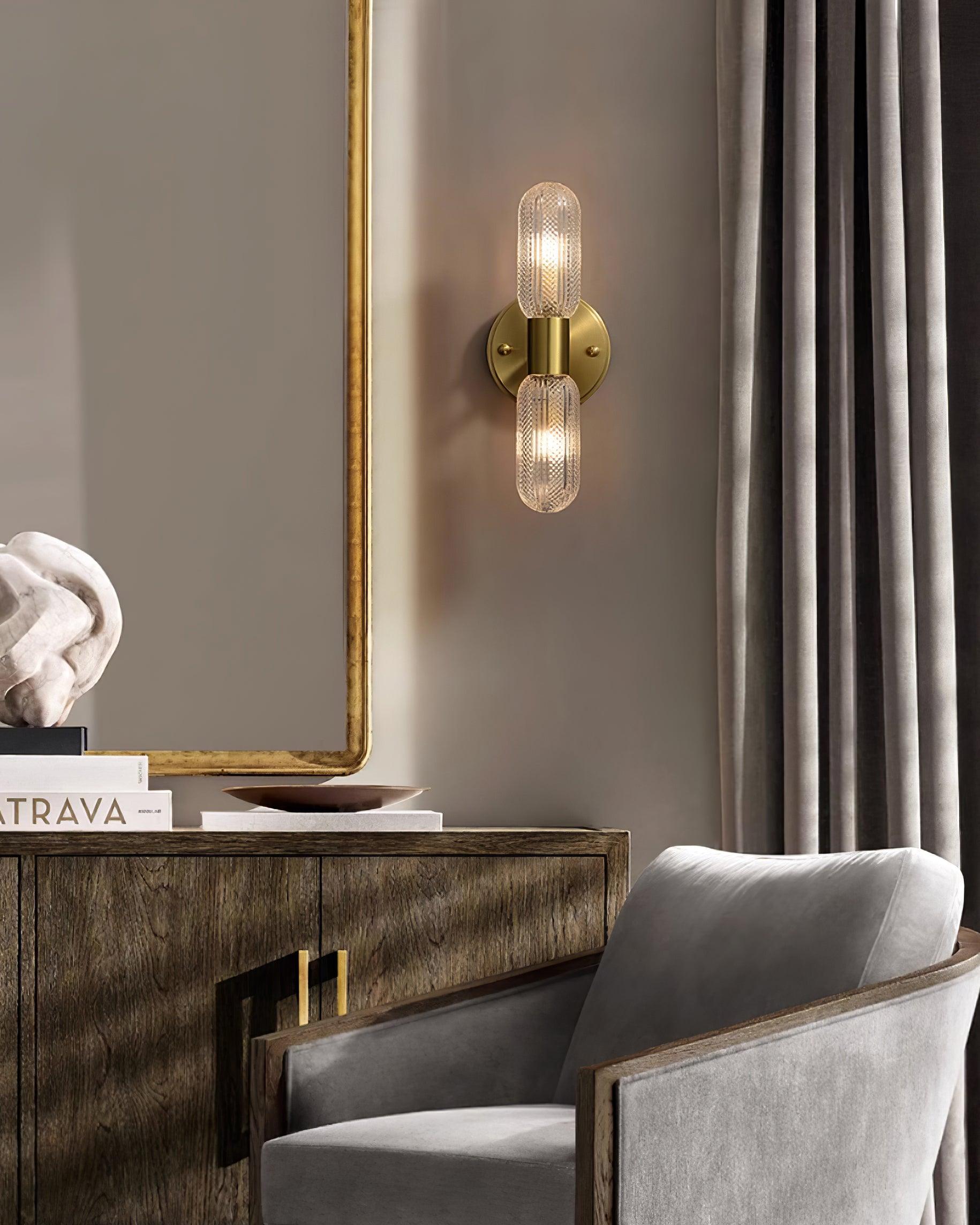 Evania Brass and Textured Glass Double Light Wall Sconce | Fioriscas