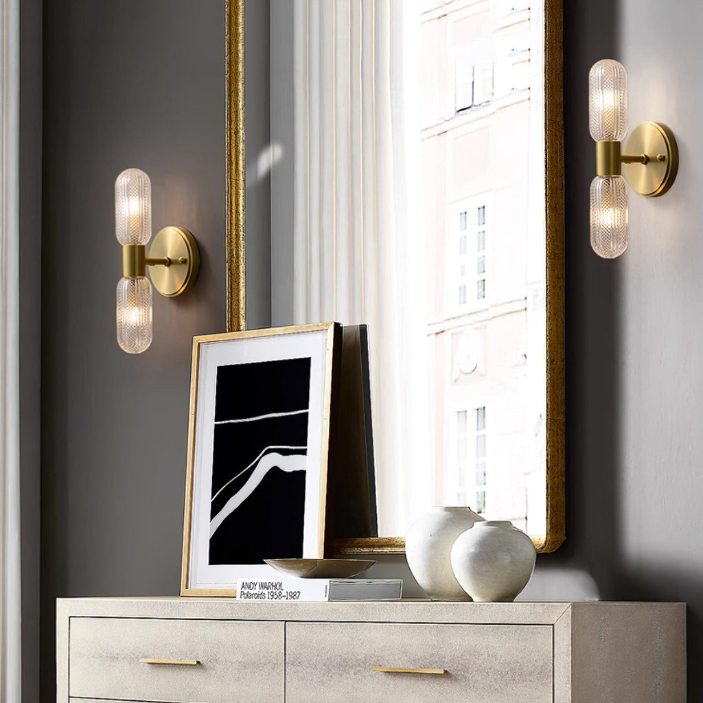 Evania Brass and Textured Glass Double Light Wall Sconce | Fioriscas