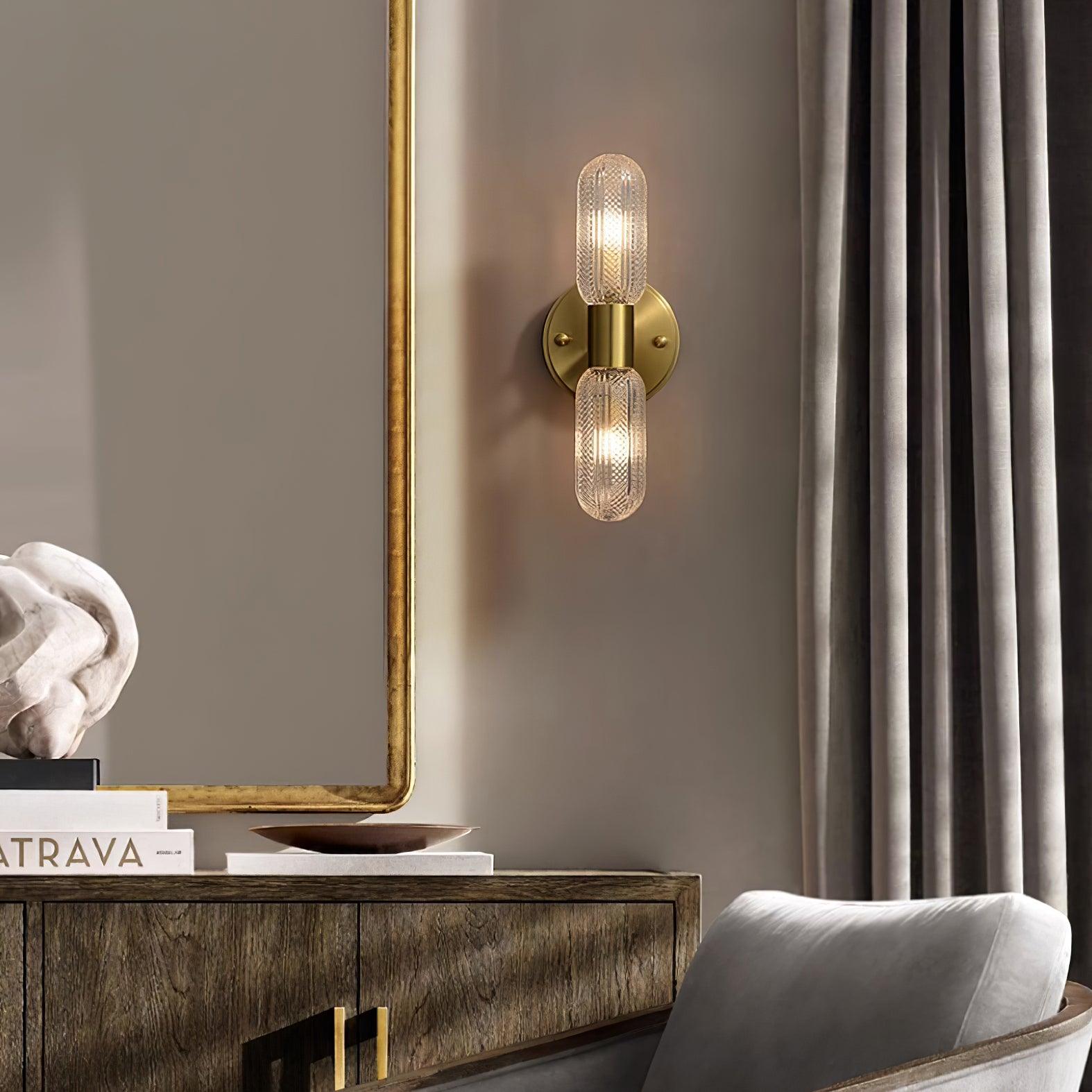 Evania Brass and Textured Glass Double Light Wall Sconce | Fioriscas