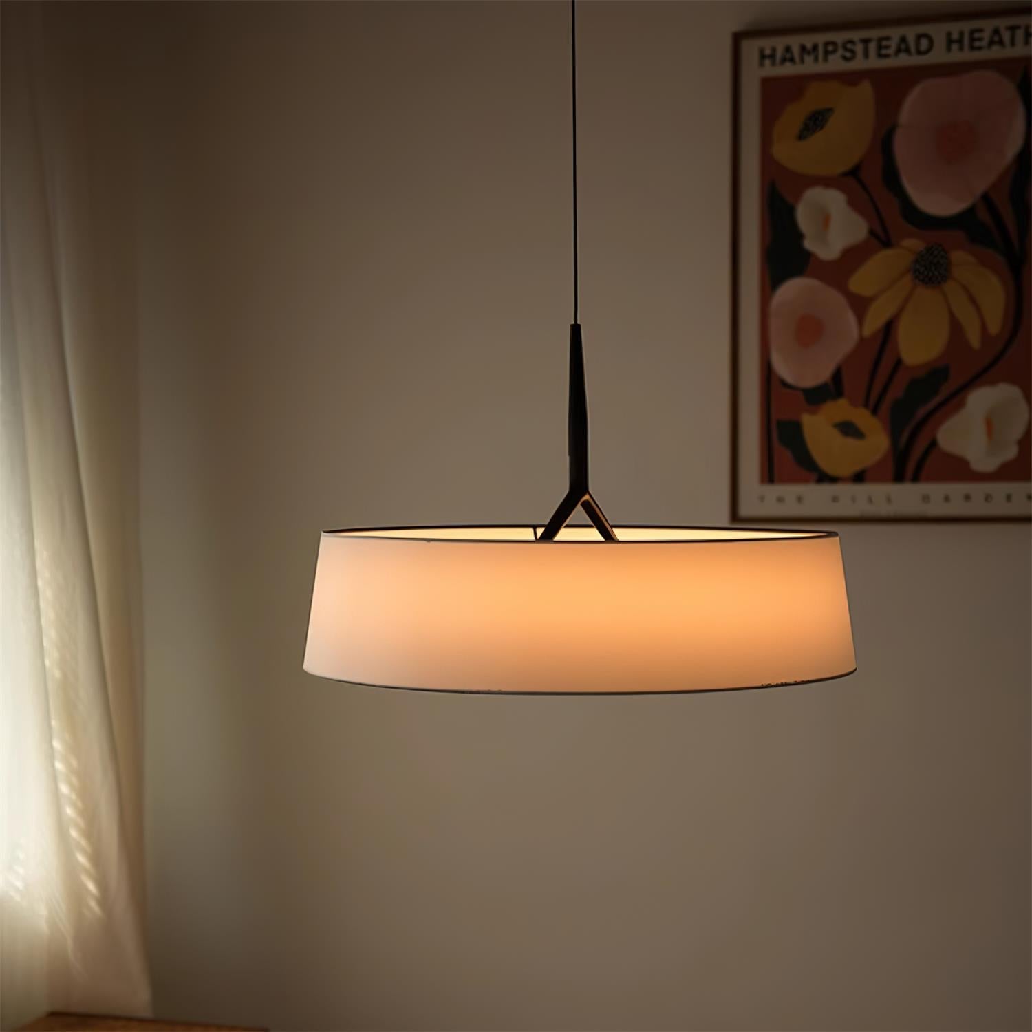 Pendant Light White Fabric Drum Black | Fioriscas