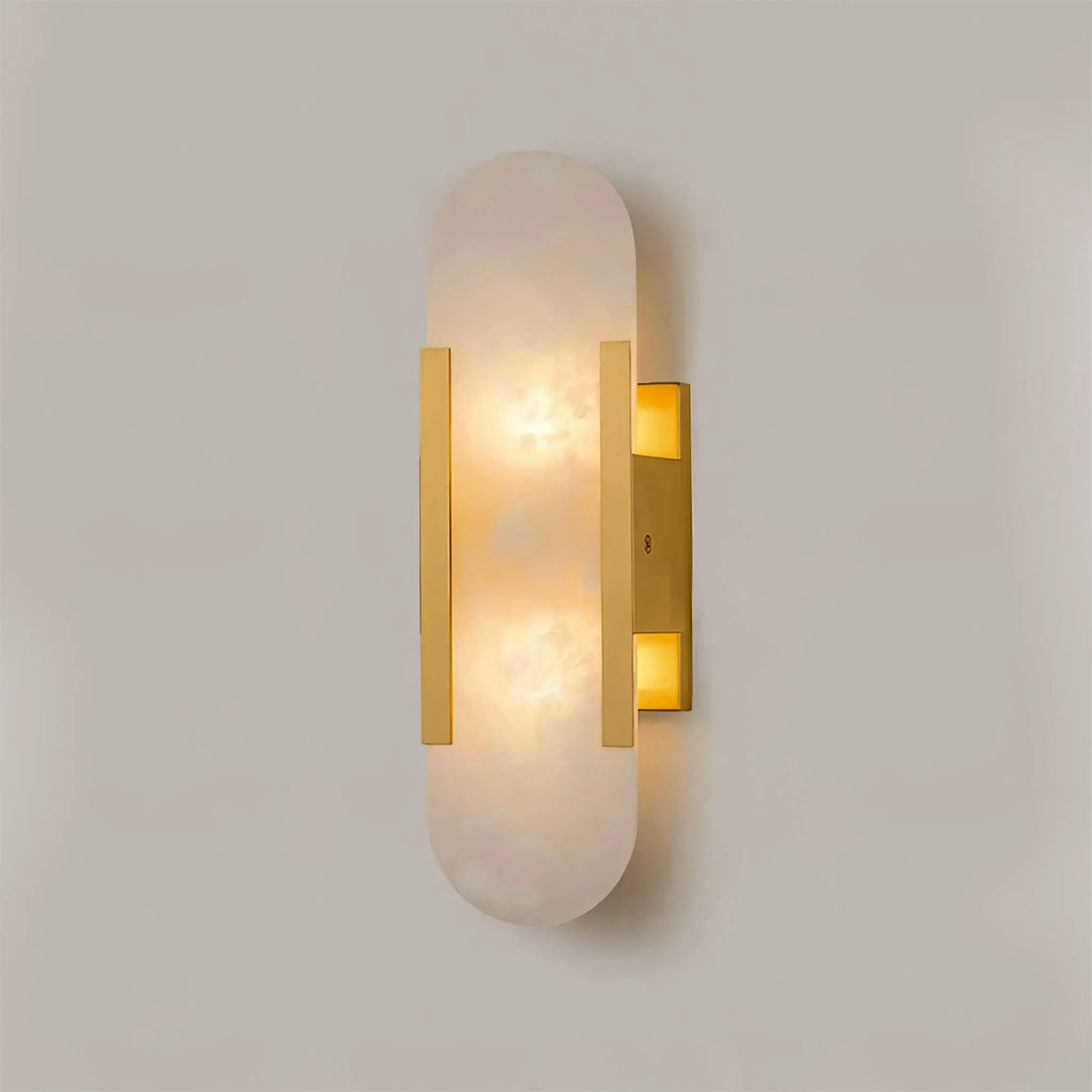 Candeeiro de parede em alabastro natural, luz quente, acabamento em latão ou cobre