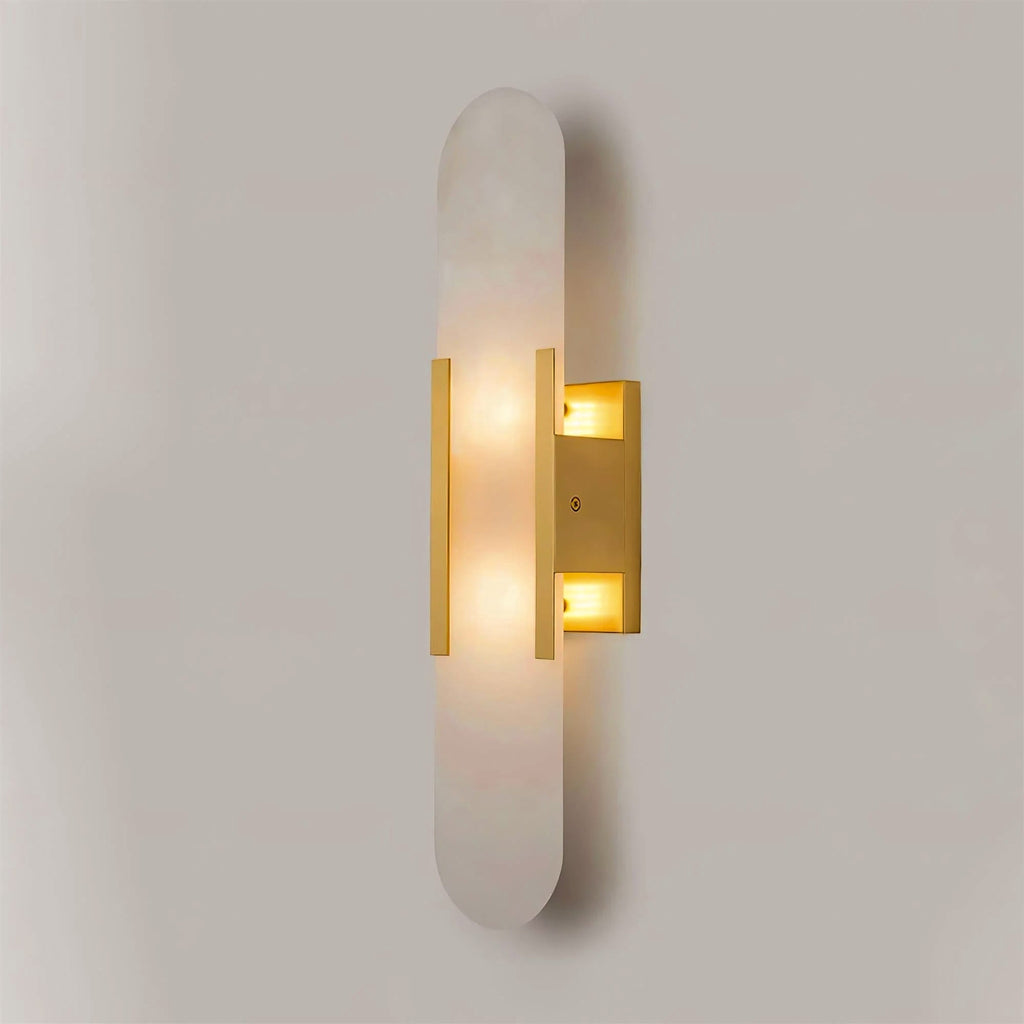Candeeiro de parede em alabastro natural, luz quente, acabamento em latão ou cobre