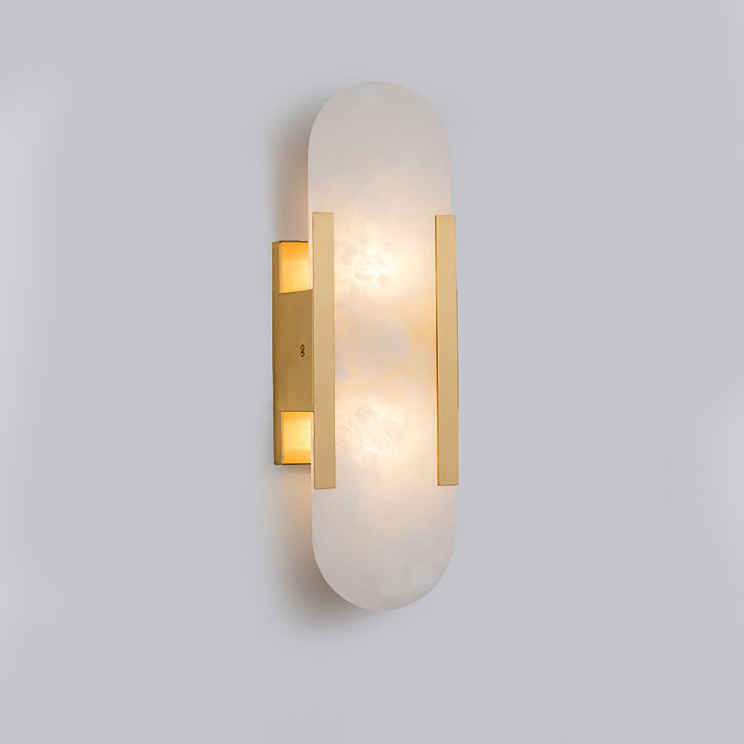 Candeeiro de parede em alabastro natural, luz quente, acabamento em latão ou cobre
