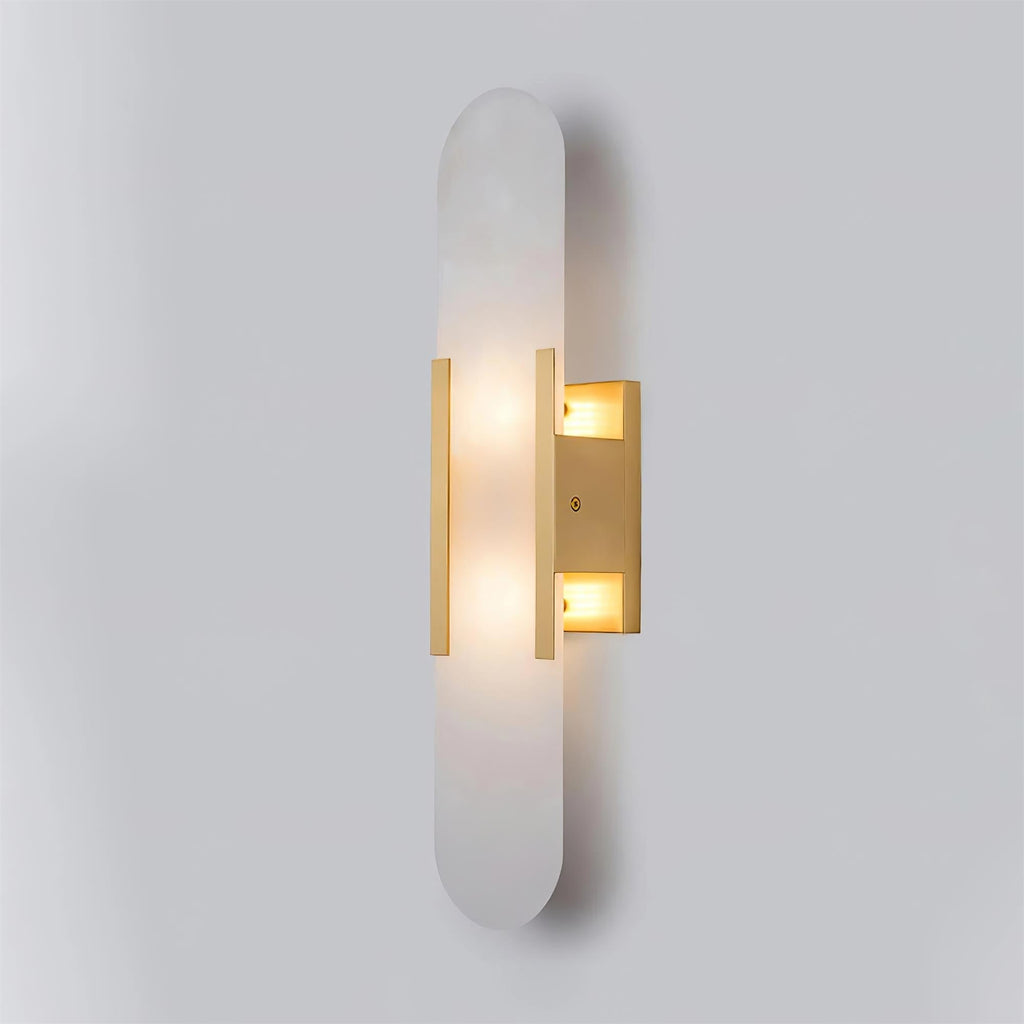 Candeeiro de parede em alabastro natural, luz quente, acabamento em latão ou cobre