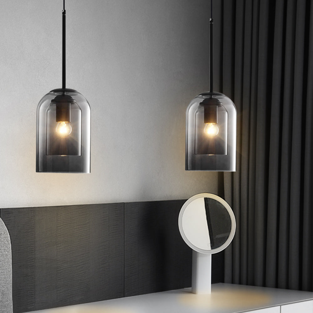 Asteria Duo-pendellampe i lagdelt glass, røykgrå og rustfarget