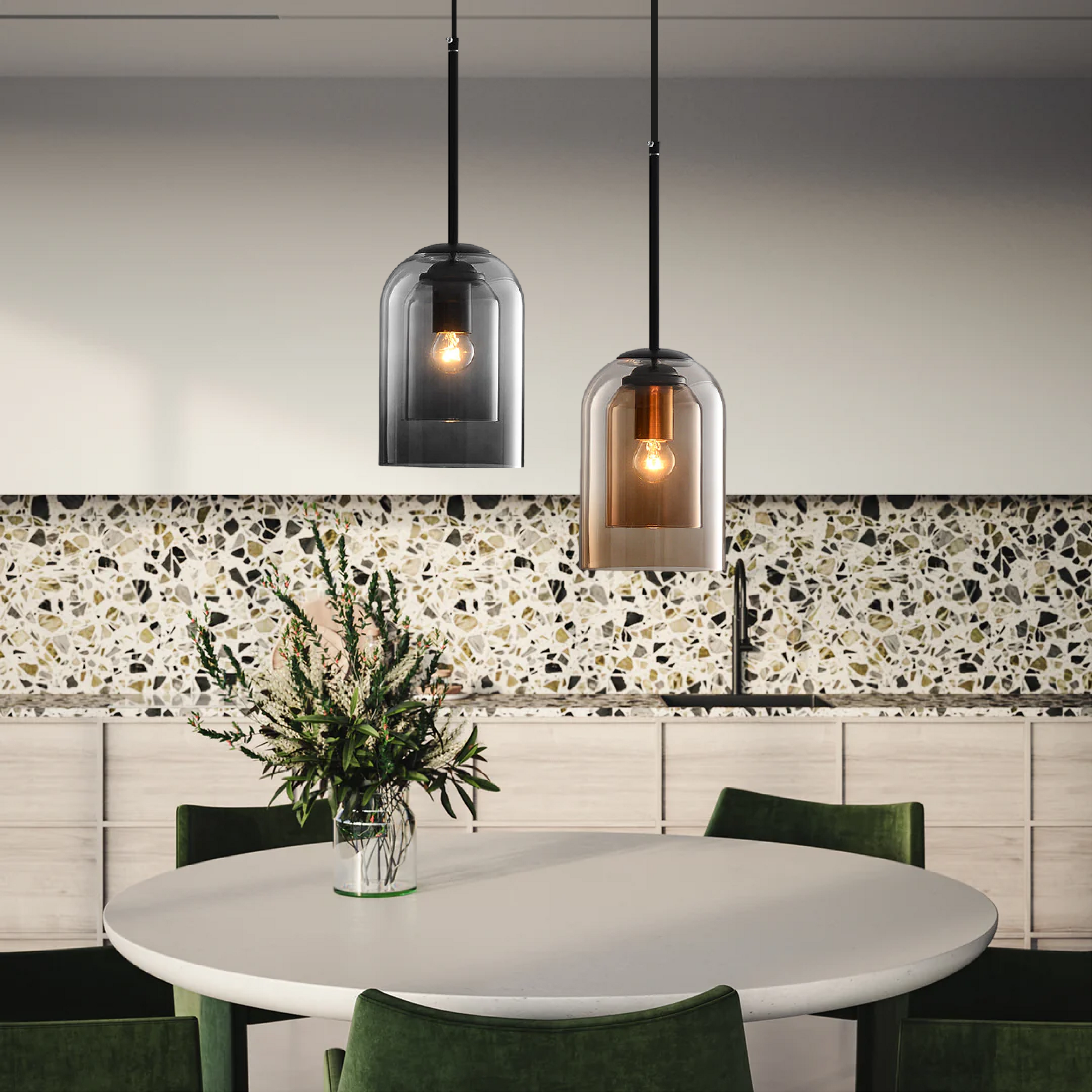 Asteria Duo-pendellampe i lagdelt glass, røykgrå og rustfarget