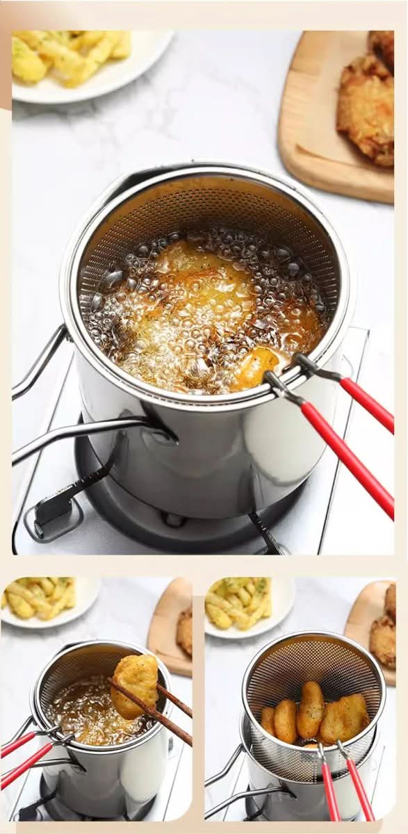 Friteuse en acier inoxydable avec poignée anti-brûlure et design économiseur d'huile - Fioriscas