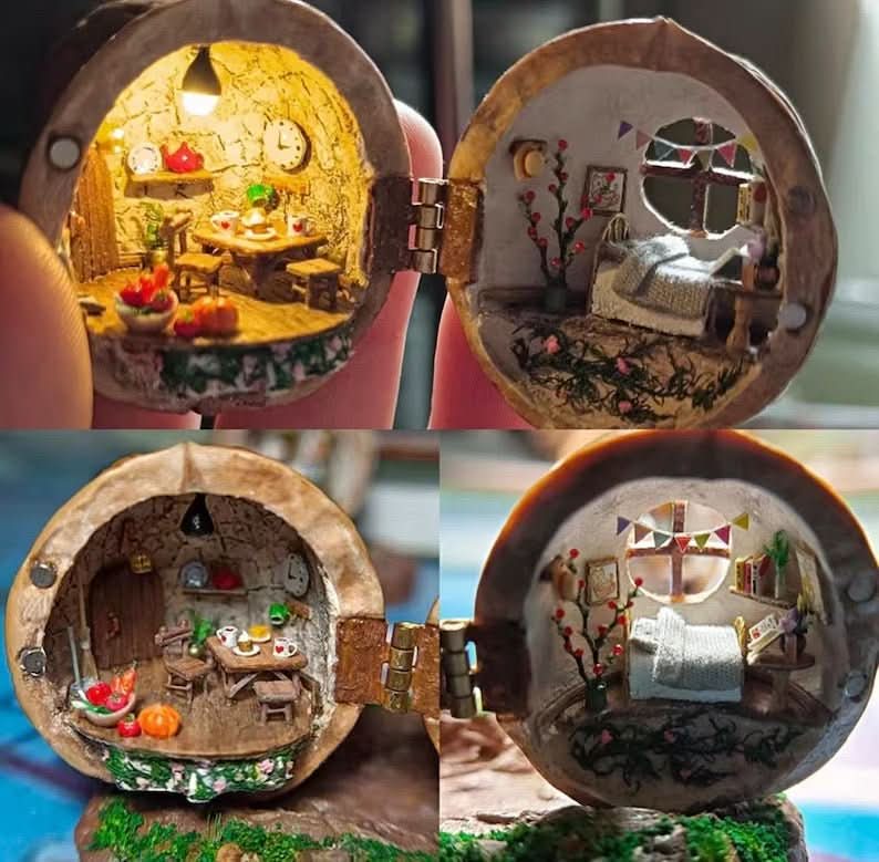 Casa de bonecas artesanal feita de cascas de noz com iluminação interior - Fioriscas
