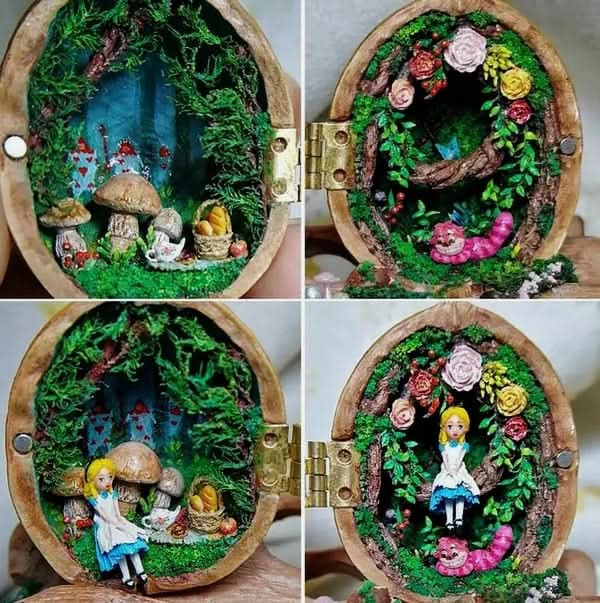 Casa de bonecas artesanal feita de cascas de noz com iluminação interior - Fioriscas
