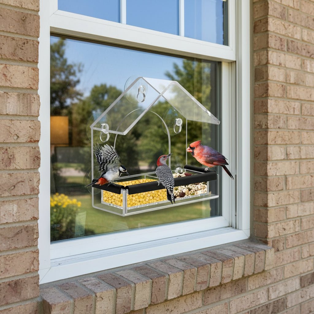 Acrylic Window Bird Feeder with Strong Suction Cups for Close Observation - Fioriscas