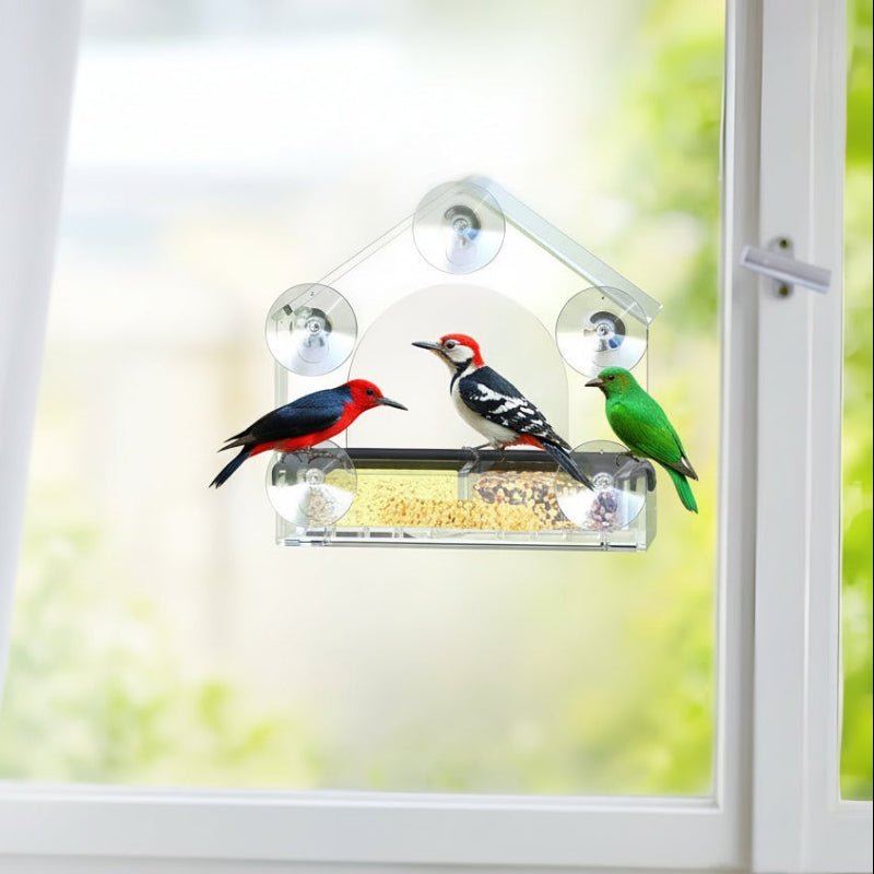 Acrylic Window Bird Feeder with Strong Suction Cups for Close Observation - Fioriscas
