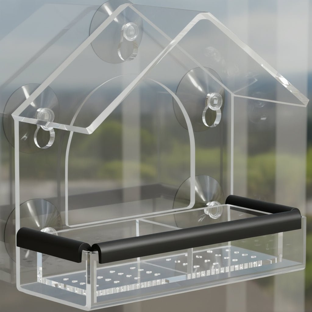 Acrylic Window Bird Feeder with Strong Suction Cups for Close Observation - Fioriscas