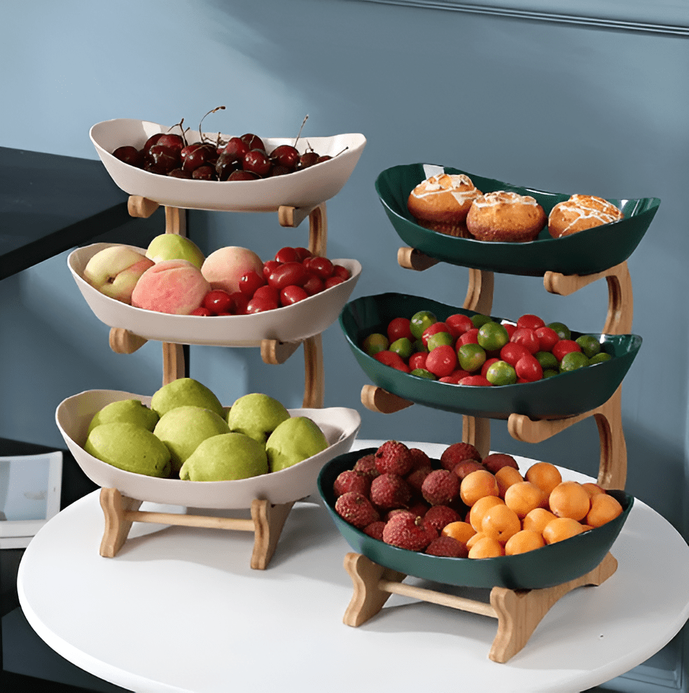 Corbeille à fruits en bois à plusieurs niveaux pour rangement moderne sur plan de travail - Fioriscas