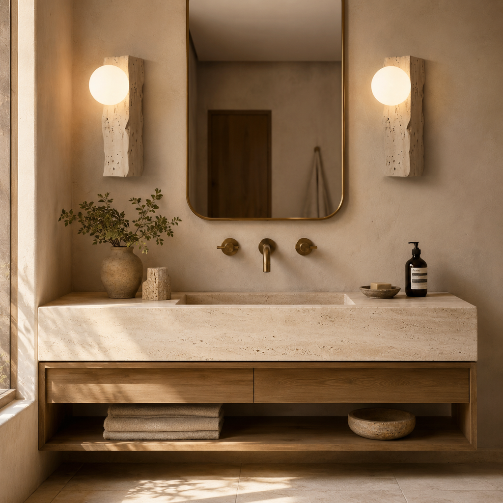 TerraLume Travertine Wall Light With Frosted Glass
