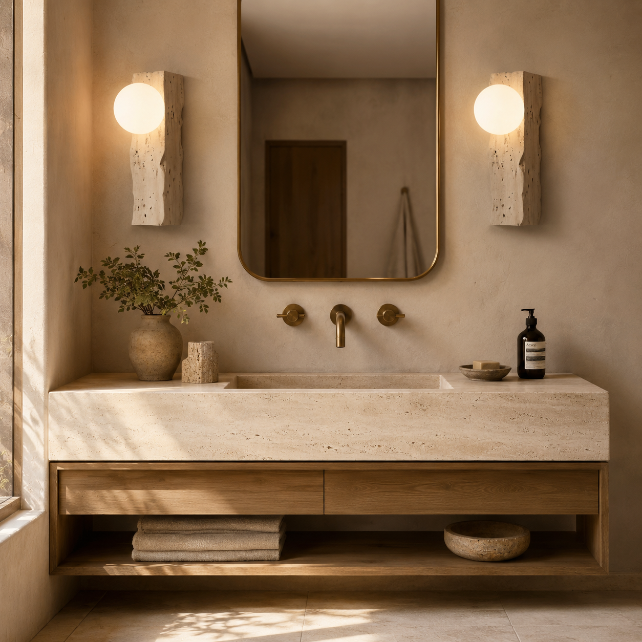 TerraLume Travertine Wall Light With Frosted Glass