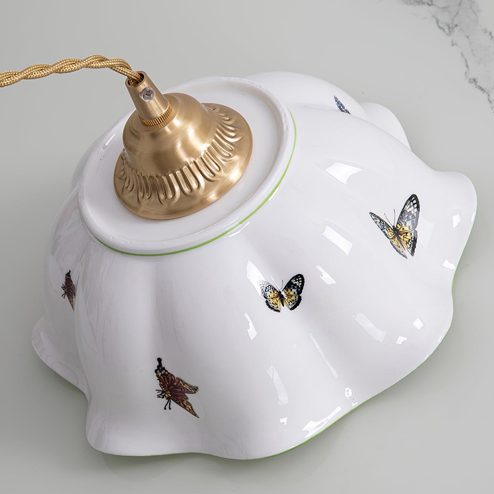 Pendant Lamp Ceramic Petal Shade Hand Painted Butterflies Vintage Charm | Fioriscas