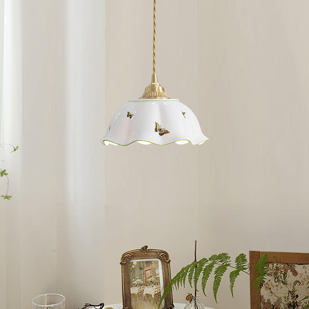 Pendant Lamp Ceramic Petal Shade Hand Painted Butterflies Vintage Charm | Fioriscas