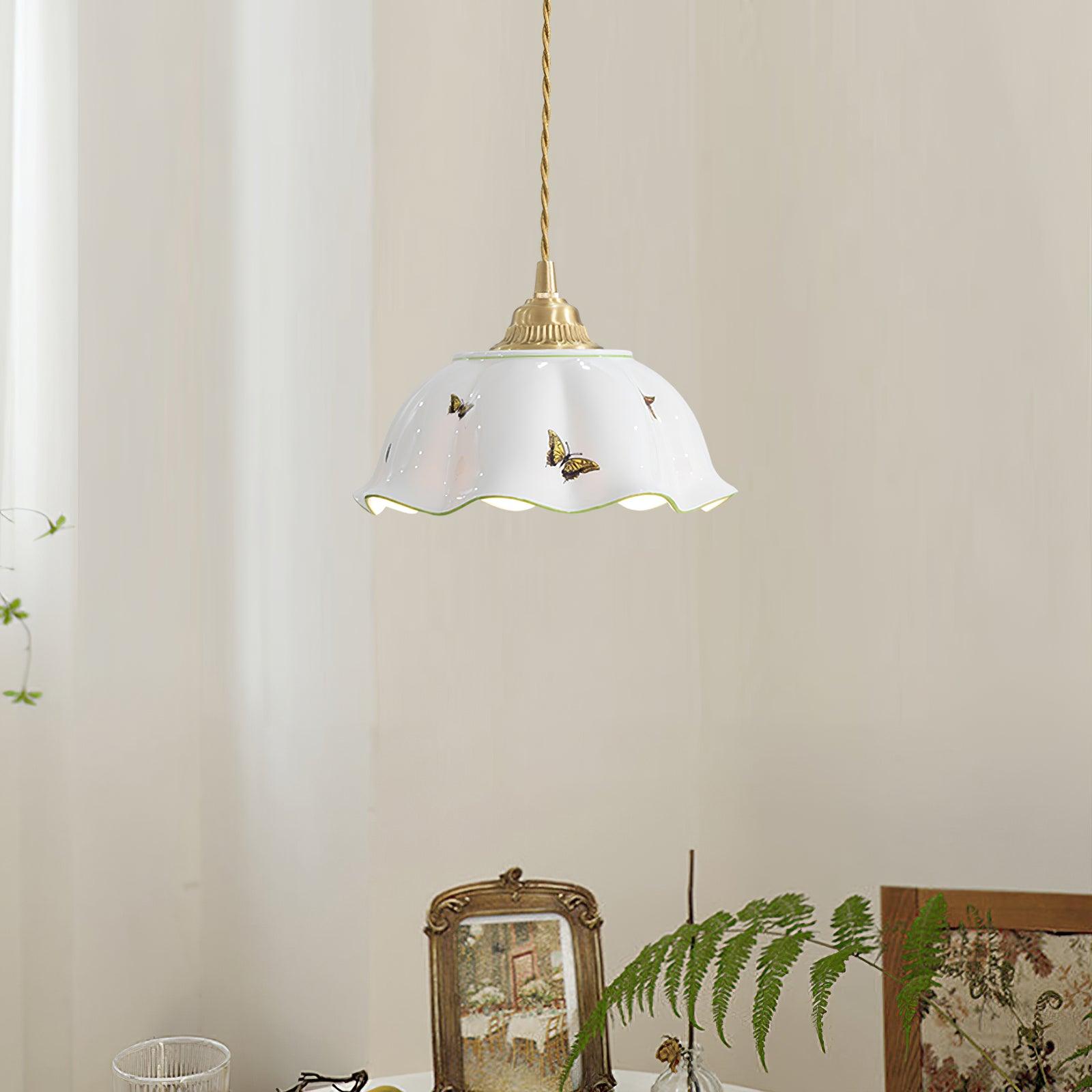 Pendant Lamp Ceramic Petal Shade Hand Painted Butterflies Vintage Charm | Fioriscas